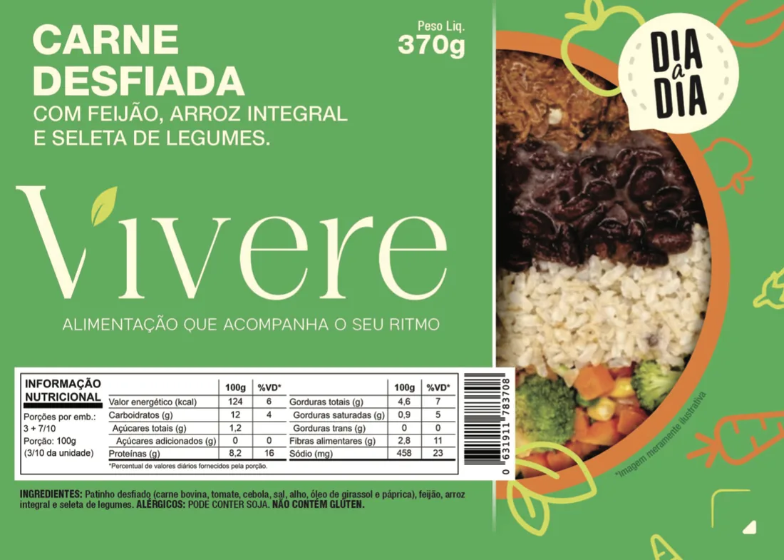 Rótulo da embalagem de Carne Desfiada com Feijão, Arroz Integral e Seleta de Legumes, com a tabela nutricional impressa