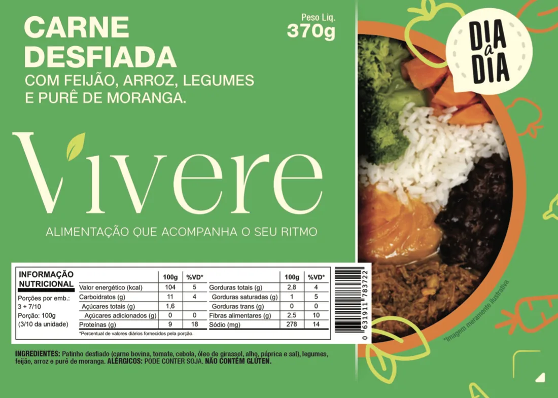 Rótulo da embalagem de Carne Desfiada com Feijão, Arroz, Legumes e Purê de Moranga, com a tabela nutricional impressa