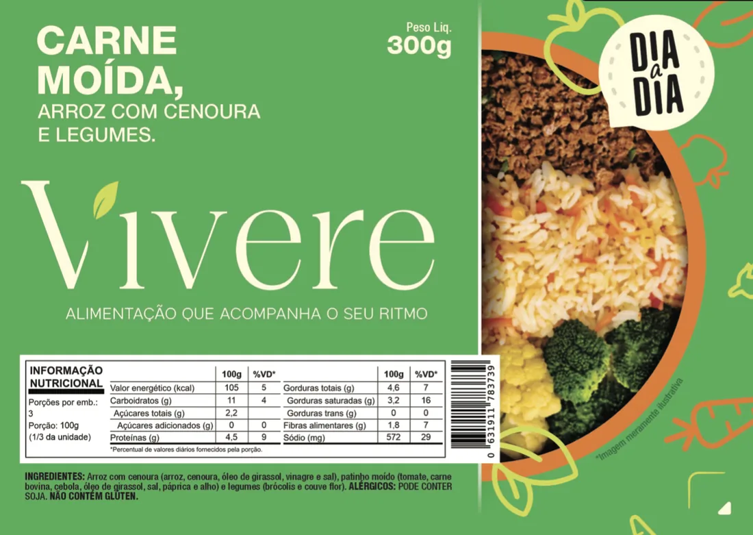 Rótulo da embalagem de Carne Moída, Arroz com Cenoura e Legumes, com a tabela nutricional impressa