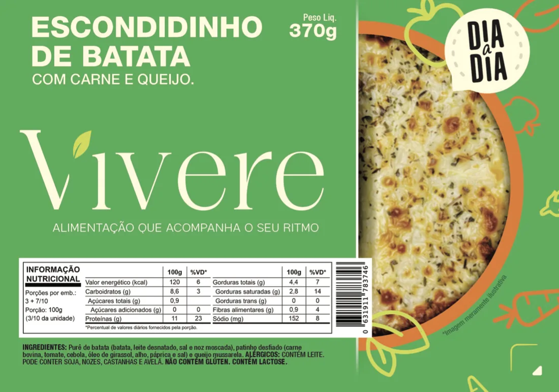 Rótulo da embalagem de Escondidinho de Batata com Carne e Queijo, com a tabela nutricional impressa