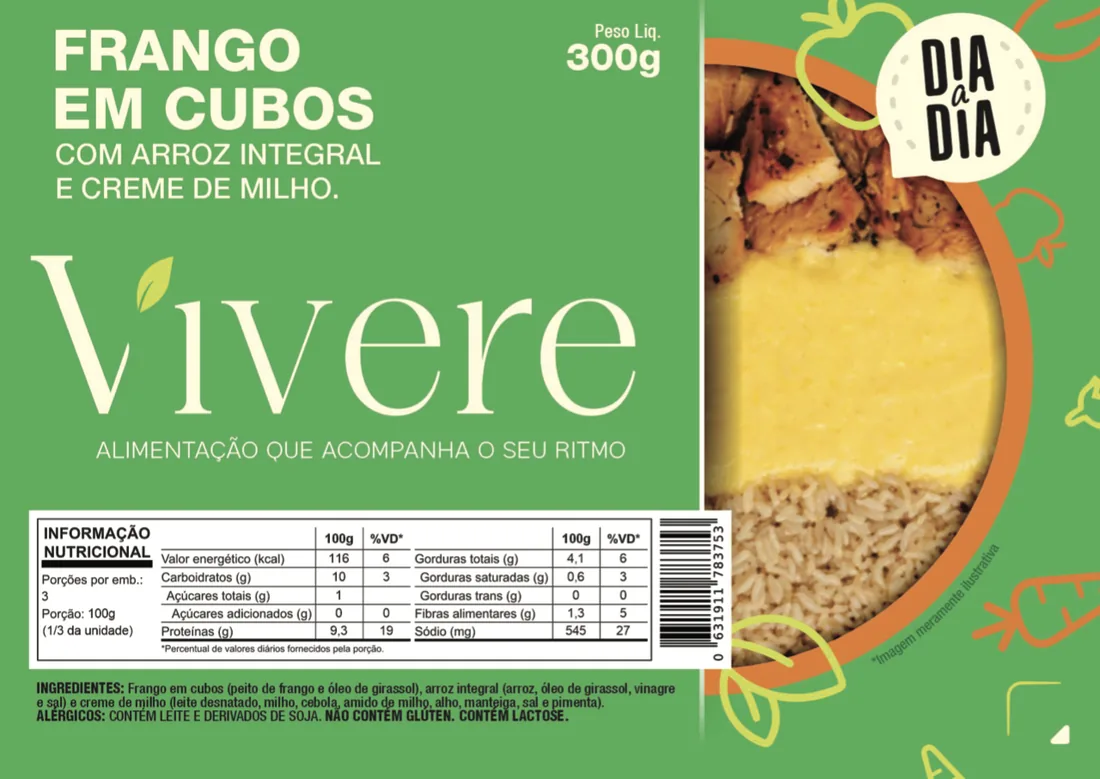 Rótulo da embalagem de Frango em Cubos com Arroz Integral e Creme de Milho, com a tabela nutricional impressa