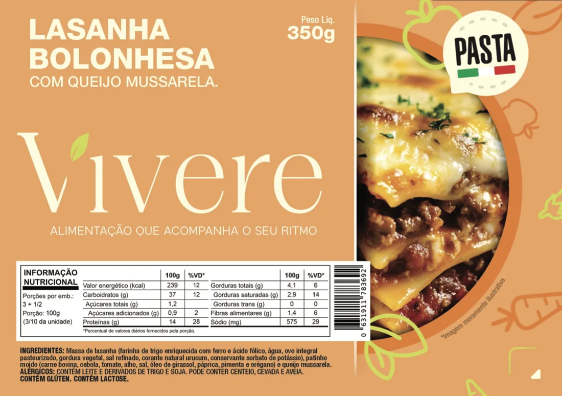 Rótulo da embalagem de Lasanha Bolonhesa com Queijo Mussarela, com a tabela nutricional impressa