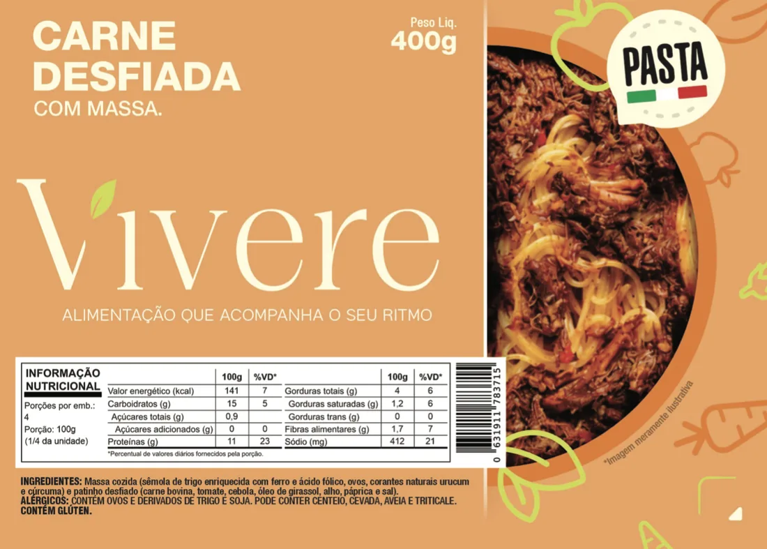 Rótulo da embalagem de Carne Desfiada com Massa, com a tabela nutricional impressa