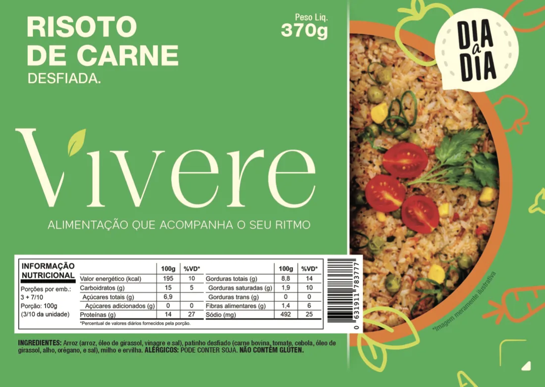 Rótulo da embalagem de Risoto de Carne Desfiada, com a tabela nutricional impressa