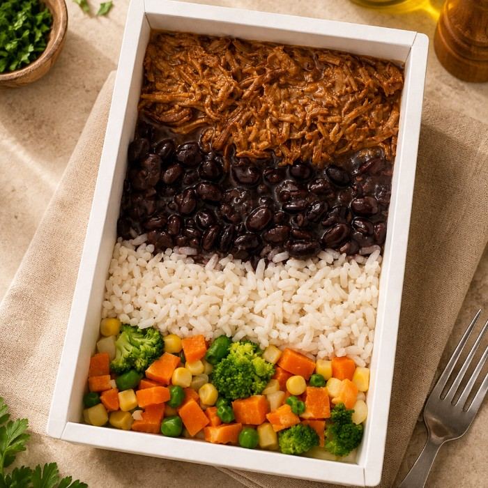 Carne Desfiada com Arroz Integral e Feijão