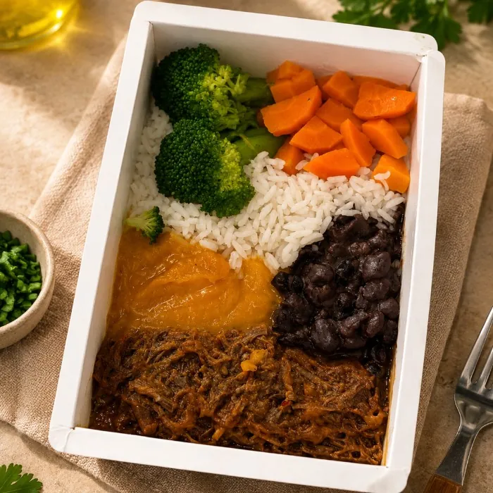 Carne Desfiada com Feijão, Arroz, Legumes e Purê de Moranga