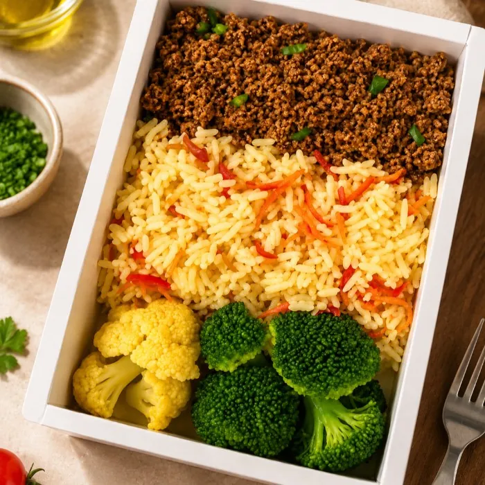 Carne Moída, Arroz com Cenoura e Legumes